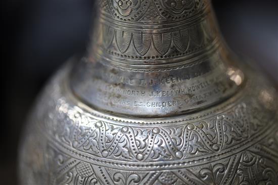 A Victorian engraved silver baluster hot water/claret jug, by Atkin Brothers, 18.5oz.